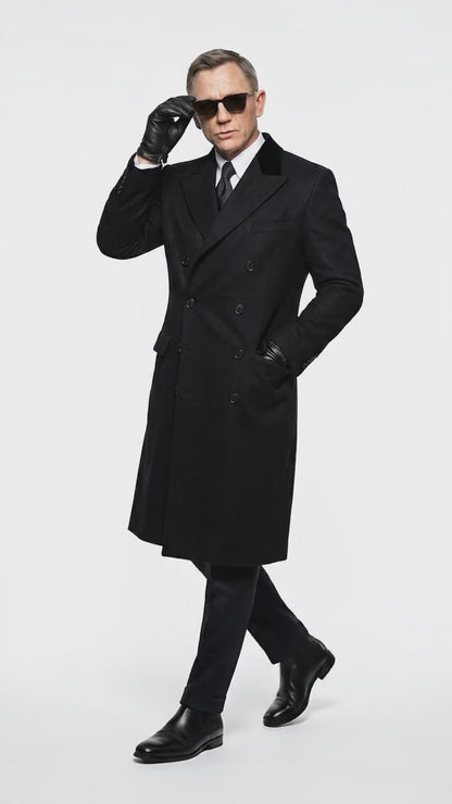 Men’s Black Double Breasted Overcoat, James Bond Inspired Long Formal Coat for Weddings, Business Events, Parties, and Winter Occasions