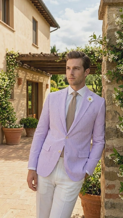 Mens Lavender Seersucker Blazer – Lightweight Striped Summer Sport Coat Casual Smart Formal Jacket