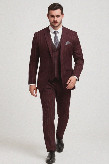 Mens 2 Button Gangster Pinstripe Suit in Burgundy