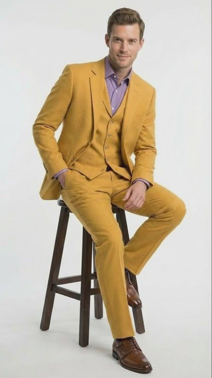 Mens Mustard Yellow Three Piece Suit | 2 Button Notch Lapel Modern Fit in Gold Color - Church Suit