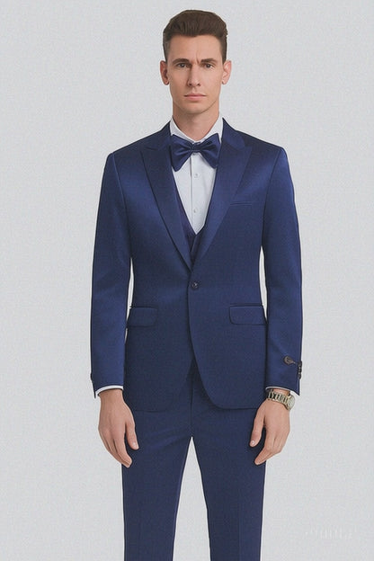 Stylish Blue Satin 3 Piece Slim Fit Tazzio Men's Suit with Double Breasted Vest and Peak Lapel