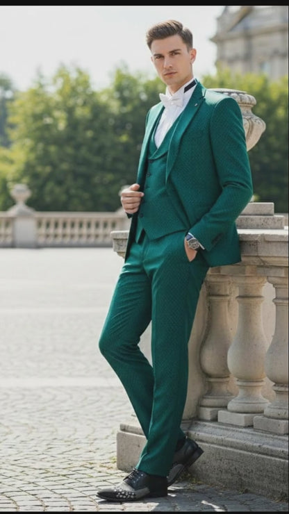 Mens Emerald Green Textured 3-Piece Suit  Polk Dot Pattern Formal Wedding, Prom, and Evening Wear Outfit