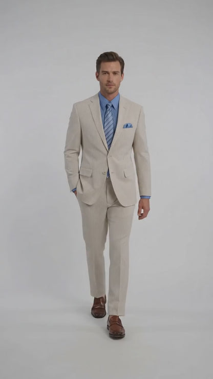 Men’s Tan Pinstripe Seersucker 2-Piece Suit – Lightweight Summer Wedding and Business Suit