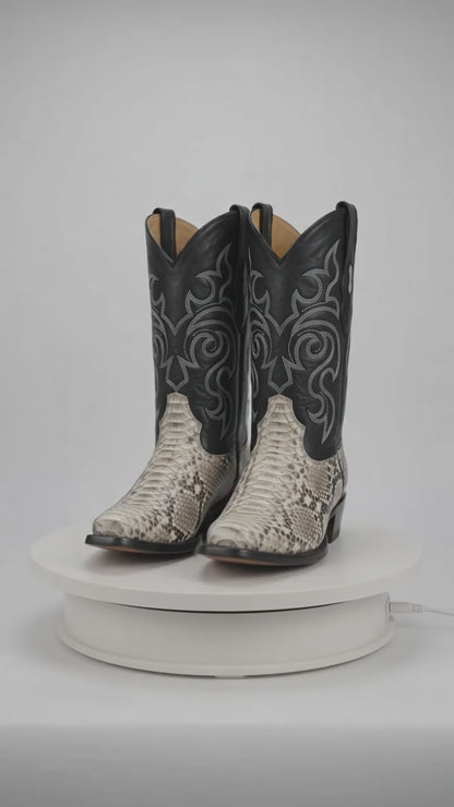 Men’s Natural Python Cowboy Boots – Exotic Snip Toe Western Dress Boots with Black Leather Shaft