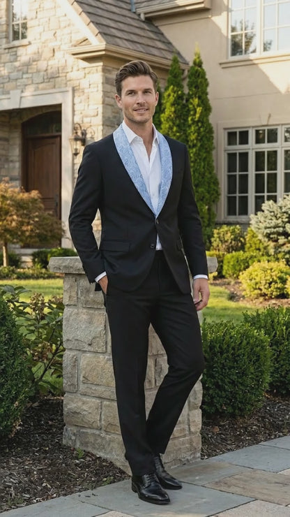 Men’s Black Suit with Light Blue Lapel – Modern Formal Tuxedo Style Suit for Wedding, Prom, Party and Sky Powder Blue Color