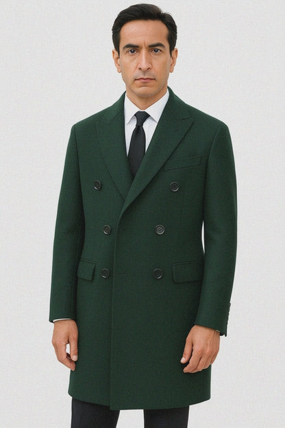 6 Button Dark Olive Green Long Overcoat Custom Prom Tuxedos