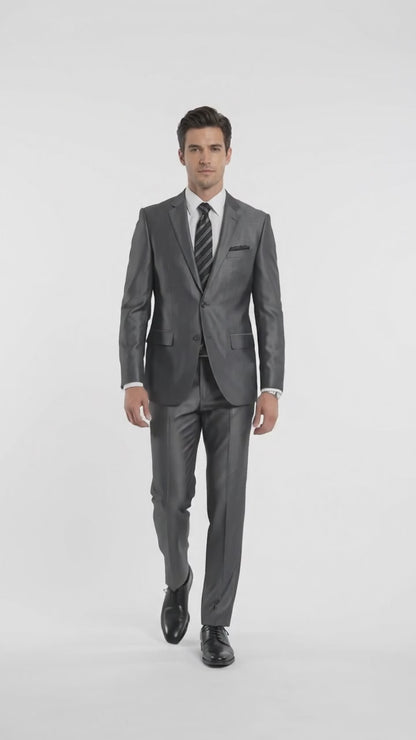 Men’s Gray Silver Sharkskin Suit, Slim Fit Shiny Formal Wedding Business Suit