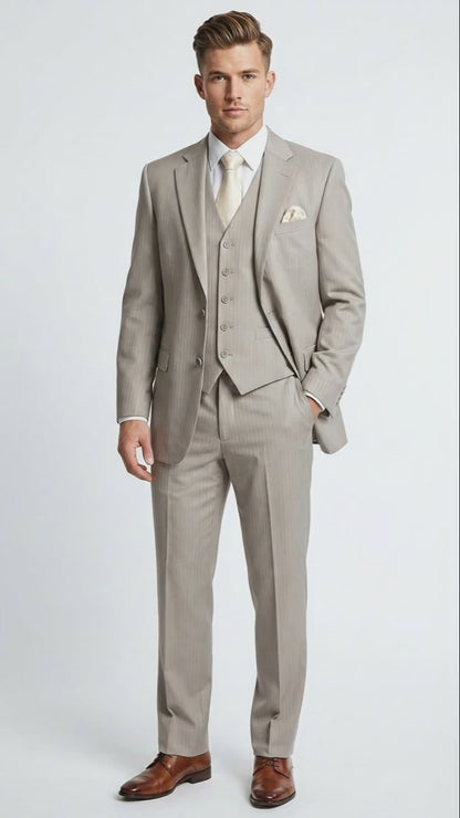 Mens Light Tan Pinstripe 3 Piece Suit with Jacket, Vest, and Pants | Shadow Stripe Tone Tone Pleated Pants Classic