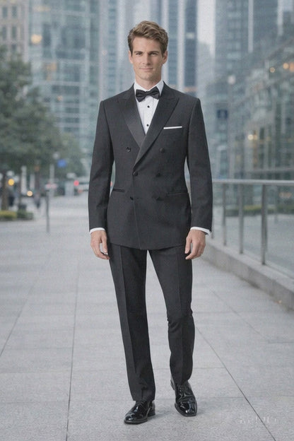 Mens Designer Double Breasted Wool Tuxedo in Black