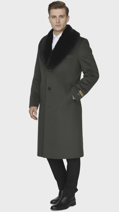 Mens Full Length Olive Overcoat with Black Fur Collar  Luxury Wool Fabric Winter Long Coat in Hunter Green