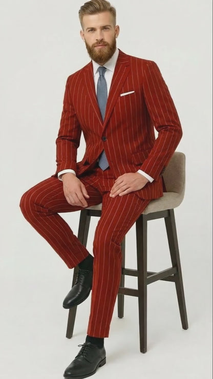Men's Red Pinstripe Suit - Stripe Two-Button Vested Suit 2 Buttons