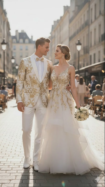 Mens White and Gold Floral Tuxedo Jacket with Satin Lapel  Luxury Prom, Wedding and Formal Dinner Blazer