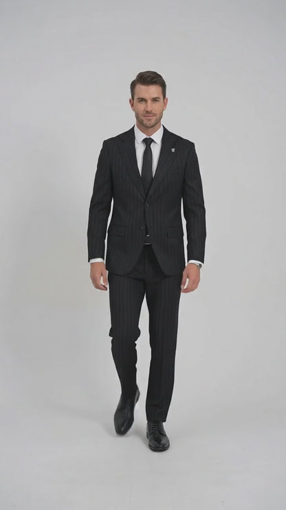 Men’s Black Tonal Shadow Pinstripe Vested Suit – 3 Piece Classic Fit Formal Wedding & Business Suit By Vitali