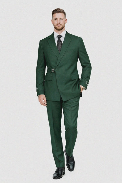 Mens Designer Tailored Fit Hunter Green Double Breasted Wool Suit with Metal Buckle Closure