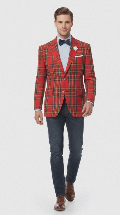 Holiday Blazer - Christmas Sport Coat - Red Christmas Fabric Plaid Blazer By Alebrtonardoni
