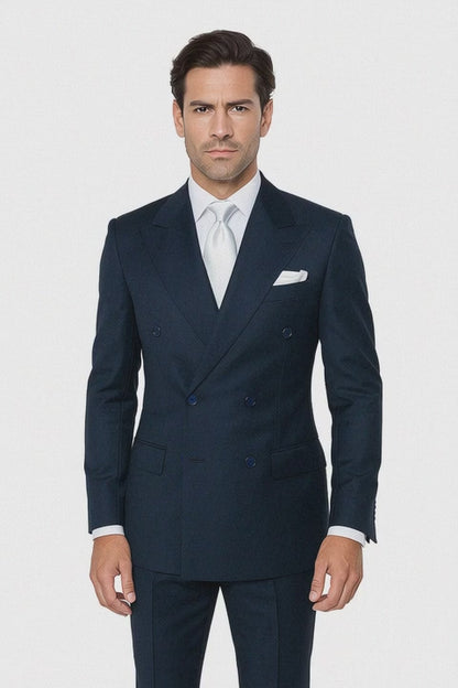 Suits With Baggy Pleated Pants - Wide Leg Pants 100% Wool - Classic Fit in Navy Color by Rossiman