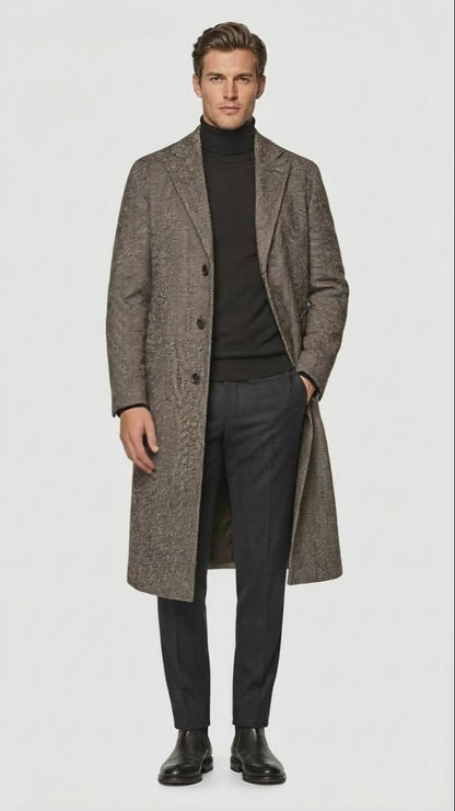 Mens Black & Grey  Herringbone Tweed Wool Blend Overcoat  Classic Single-Breasted Winter Blazer Carcoat