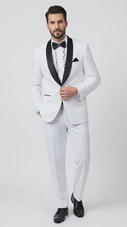 Men’s White and Black Classic Microfiber Shawl Tuxedo with Jacket and Pants, Formal Wedding Suit