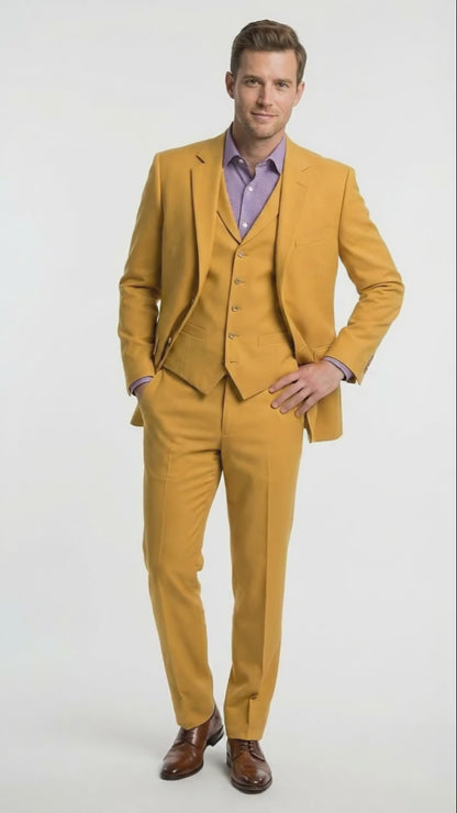Mens Mustard Yellow Three Piece Suit | 2 Button Notch Lapel Modern Fit in Gold Color - Church Suit