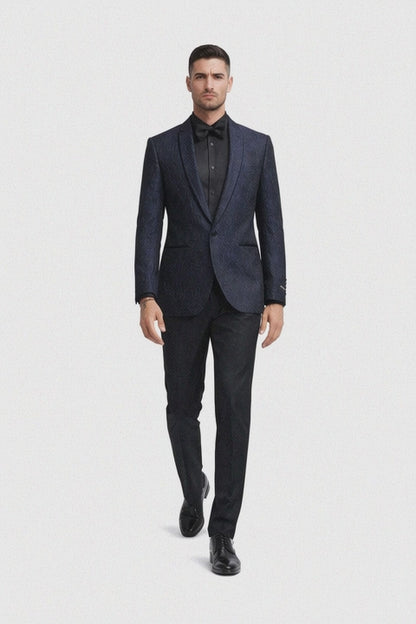 Mens Slim Fit Paisley Shawl Lapel Prom Dinner Jacket Tuxedo Blazer in Navy Blue