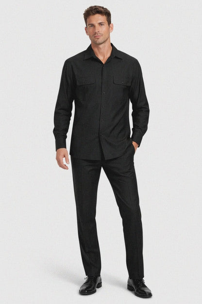 Mens Luxury Black Wool Two-Piece Leisure Walking Suit