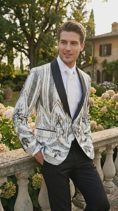 Men’s White and Black Patterned Tuxedo Blazer – Luxury Designer Dinner Jacket for Wedding, Prom and Formal Events New Year Christmas Holiday