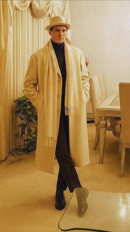 Mens Long Cream Overcoat Wool Fabric in Ivory Off White Color Full length