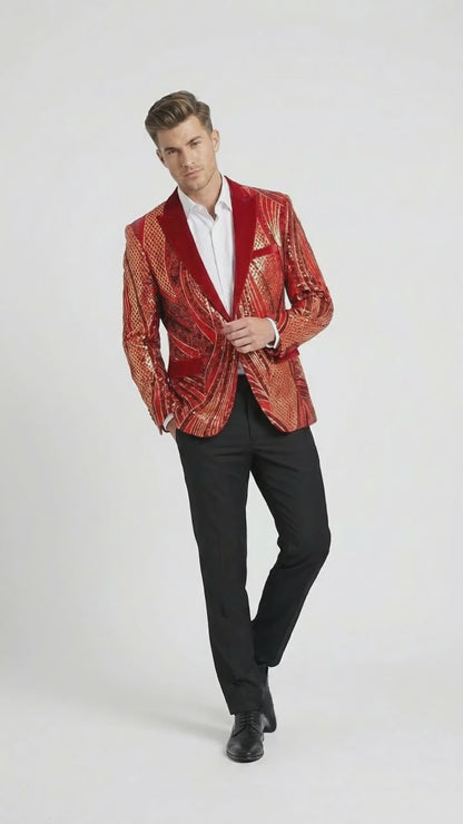 Men’s Red and Gold Sequin Christmas Holiday Blazer – Luxury Party Jacket for New Year, Wedding and Festive Events