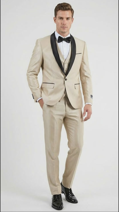 Men’s Champagne Beige Shiny Tuxedo 3 Piece Suit with Black Shawl Lapel | Formal Wedding Prom Suit Set in Sand Light Tan Color