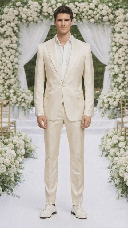 Rossiman Men??s Cream Sateen Suit ?? Elegant Glossy Formalwear