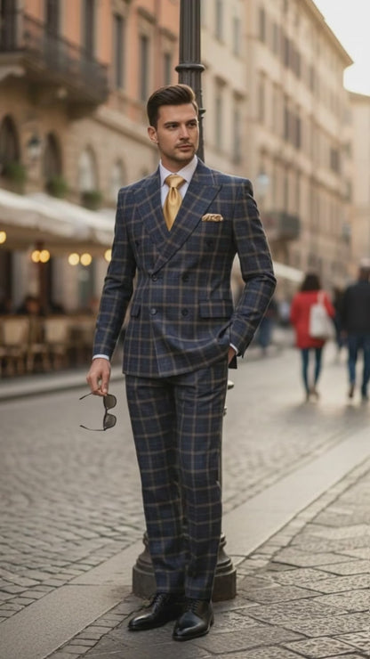 Mens Navy and Tan Windowpane Double-Breasted Suit | Classic 2-Piece Plaid Dress Suit, Business, and Formal Events By Rossiman