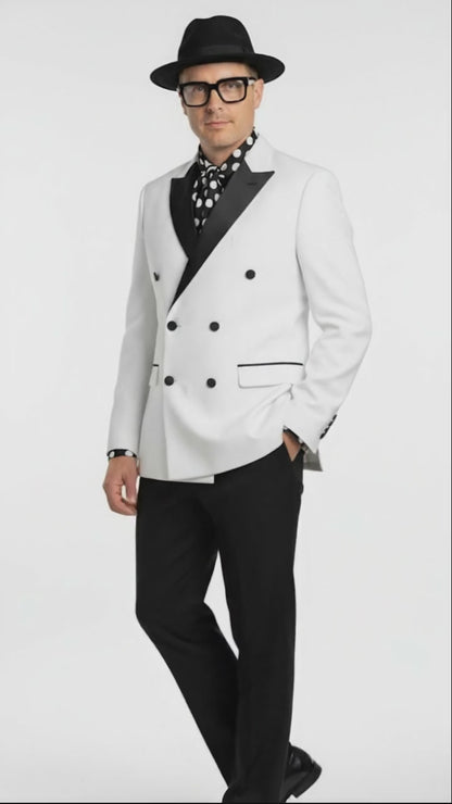 Mens White and Black Double-Breasted Tuxedo  Modern Slim Fit Formal Suit for Weddings, Parties, and Special Occasions
