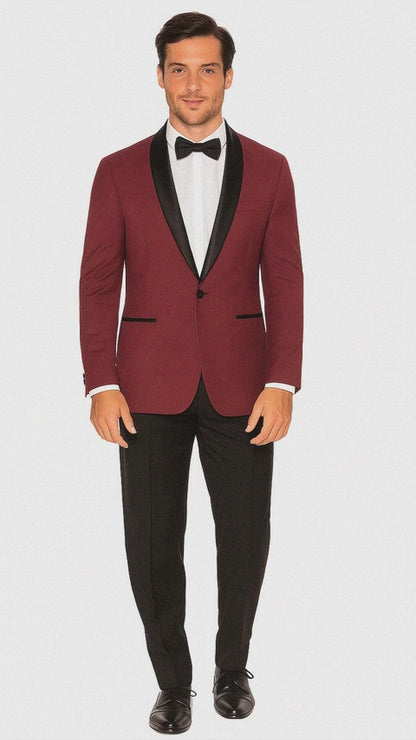 Mens Slim Fit 1 Button Shawl Dinner Jacket in Burgundy