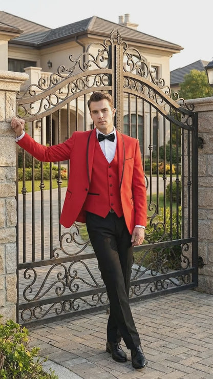 Men’s Red and Black One Button Shawl Tuxedo with Satin Trim, Formal Wedding Prom Dinner Suit