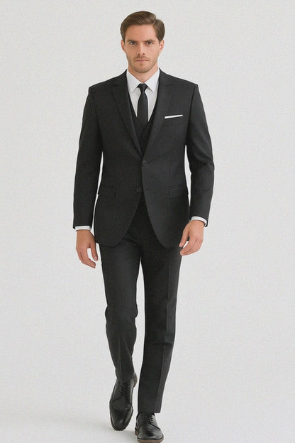 Mens Vested 2 Button Slim Fit Wool Black Tuxedo - Mens Slim Fitted Tuxedo