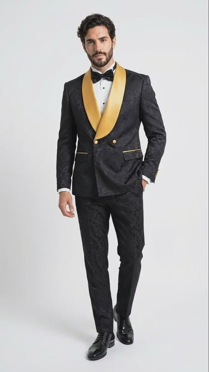 Mens Black and Gold Jacquard Tuxedo Suit  Luxury Slim Fit Formal Wedding, Prom, and Gala Outfit