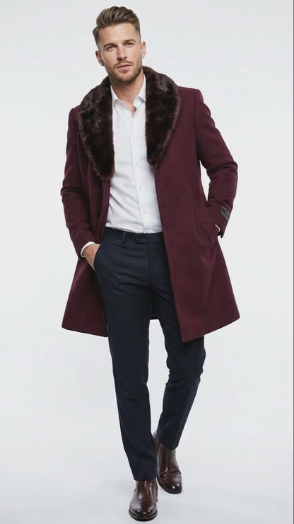 Mens Burgundy Three Quarter Coat with Faux Fur Collar Overcoat  Luxury Winter Outerwear Three Quarter Carcoat Topcoat
