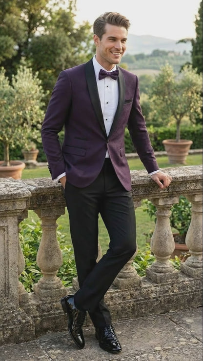 Men's Eggplant Plum Purple Tuxedo Blazer with Satin Lapel, White Tuxedo Shirt and Matching Purple Bow Tie - Slim Fitted - Prom wedding Suit With Pants