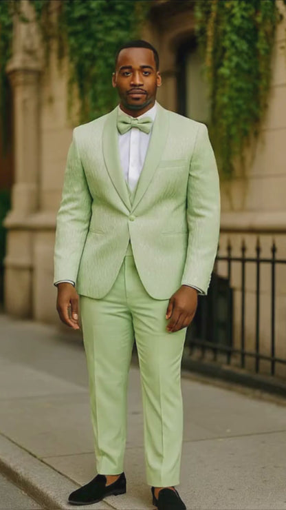 Mens Mint Green Tuxedo Suit  Slim Fit Shawl Lapel with Matching Bow Tie in Sage Green Color - Light Green