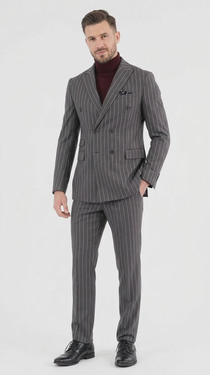 Newbury Men’s Gray Pinstripe Double Breasted Suit, Peak Lapel Formal Wedding Business Suit