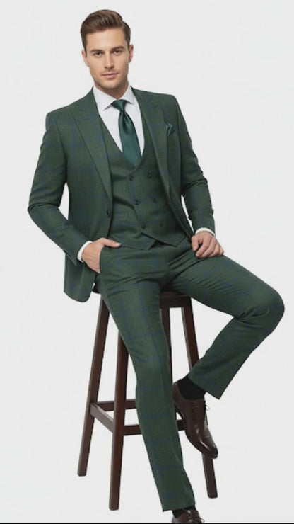 Mens Green Plaid 3-Piece Suit  Classic Check Slim Fit Suit for Weddings, Church, and Formal By Rossiman