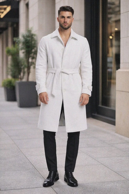 Men's White Wool Belted Long Coat – Classic Overcoat for Formal Wear, Wedding Full length