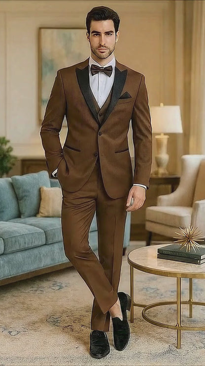 Mens Light Brown Tuxedo Suit with Black Satin Lapel  3 Piece Formal Wedding & Prom Outfit - Country Look