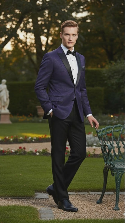 Mens Purple Paisley Tuxedo Jacket  Ultra Slim Fit Dinner Blazer with Black Satin Peak Lapel