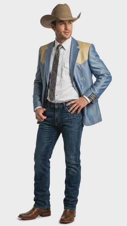 Men’s Steel - Light Blue and Bone Color Western Cowboy Blazer – Shiny Country Style Dress Jacket for Rodeo Saco De Hombre Vaquero