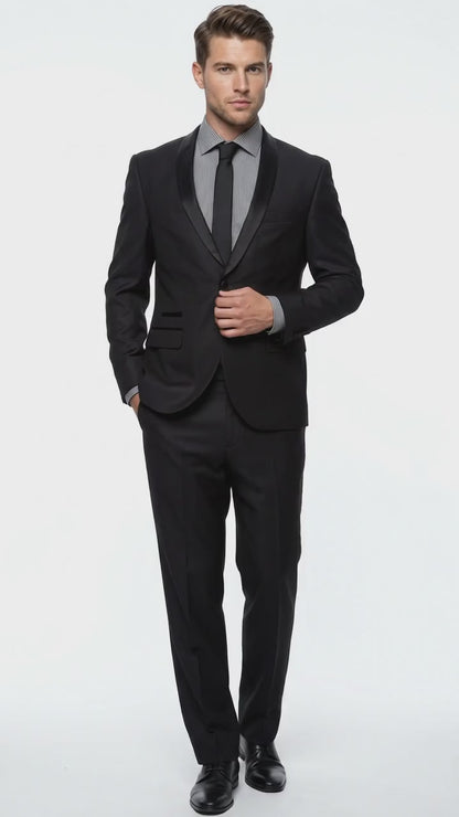 Men’s Black 1-Button Shawl Lapel Tuxedo – Wedding, Prom and Formal 2-Piece Suit