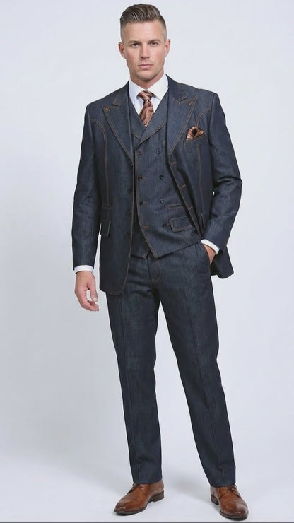Men’s Dark Denim Blue Fabric Suit – Classic Three Piece Denim Suit for Wedding, Party and Formal Events