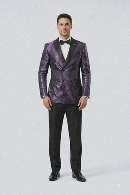 Purple Jacquard Statement Tuxedo Jacket  Satin Peak Lapel Double-Breasted