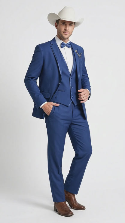 Men’s Blue Western Tuxedo Suit, 3 Piece Cowboy Formal Wedding Prom Suit with Satin Trim