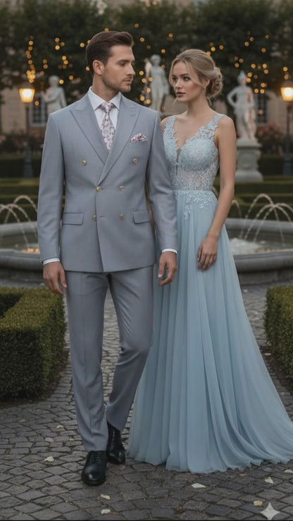 Mens Silver Grey Double-Breasted 3-Piece Suit  Classic Tailored Fit with Peak Lapel and Gold Buttons for Weddings, Church and Formal Events